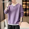Camiseta Falsa de Duas Peças Manga Longa Masculina Marca Trendy de Alto Padrão Gola V Top Retrô Americano Camisa Henley de Tricô Waffle Camada Base Moletom