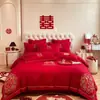 Conjunto de quatro peças de algodão lavável amigável à pele com estampa de Dragão e Fênix para casamento, lençol de baixo vermelho estilo chinês, lençol com elástico, colcha, roupa de cama de casamento para o quarto da noiva