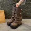 Botas de Cano Alto 2026 para Pessoas Baixas, Botas que Aumentam a Altura para Primavera e Outono, Novo Estilo de Botas Plataforma Plissadas com Solas Grossas, Estilo Vintage