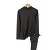 Conjunto de ropa interior térmica de alta gama para hombre para otoño e invierno, cuello redondo, color liso, camiseta base tipo suéter de cuello semi-alto