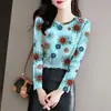 Nova Camiseta de Manga Longa Outono e Inverno para Mulheres, Camisa Básica Fina de Gola Redonda, Tricô de Seda Leite, Estilo para Meia-Idade e Idosos com Estampa Elegante