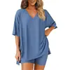 Comercio Exterior Transfronterizo Europeo y Americano Amazon Ropa de Mujer Verano Nueva Moda Casual Holgado Cuello en V Pijama Ropa para el Hogar Color Sólido Conjunto