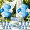 Tela de fondo de forma irregular para fiesta de cumpleaños de mariposa azul, serpentinas con purpurina, decoraciones colgantes en espiral, globos, adornos para pasteles y decoraciones