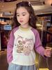 Camiseta de Manga Longa para Meninas Outono 2025 Nova Roupa Infantil Estilo Coreano Solta Manga Raglan Estampada Camiseta Básica para Meninas