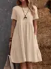 2026 Verano Europeo y Americano Transfronterizo TEMU Estación Independiente Vestido de Algodón Lino para Mujer Color Sólido Cuello Redondo Holgado Vintage con Bolsillo