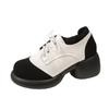 Flats de cordones de suela gruesa y tacón grueso estilo británico para mujer 2024 Otoño Nuevos Cuero suave Punta redonda Tacón alto Boca profunda Zapatos de cuero pequeños