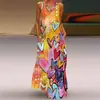 Site independente Amazon novo vestido longo sexy sem mangas com estampa retrô europeia e americana com bolsos