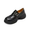Versión de Piel de Vaca Talla Pequeña Hebilla de 6 cm Mocasines para Mujer Punta Redonda Suela Gruesa Zapatos Pequeños de Piel Retro Casual Tacón Grueso Zapatos de Una Sola Pieza