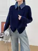 Cardigan de Tricô com Zíper Patchwork de Jeans Falso Duas Peças Feminino Cor Sólida Solto Preguiçoso Versátil Fashionável Manga Longa