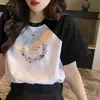 Camiseta de Manga Corta 100% Algodón Puro Hilo Doble Cuello Solona para Mujer Verano Versátil Holgada Adelgazante Bloque de Color Manga Raglán