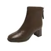 Moda Nova 2026 Elegante Retrô Salto Bloco Bico Quadrado Outono Inverno Botas de Couro Botas Femininas Salto Médio-Baixo Cano Médio Zíper Traseiro Versátil