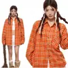 Camisa Feminina Xadrez Retrô Americana de Manga Longa, Design de Verão, Estilo Novo, Jaqueta Top Laranja-Avermelhada de Caimento Solto