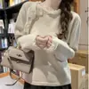 Tricô Doce com Laço de Renda para Mulheres no Outono e Inverno Novo Estilo Gentil Estilo Coreano Camisa Base de Manga Longa Versátil