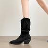 Botas Retro de Punta con Tacón Grueso Botas de Media Caña Otoño e Invierno 2025 Botines Marrones Botas Largas Hasta la Rodilla para Personas Pequeñas