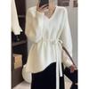 Suéter Manga Longa Gola V Estilo Cinto Elegante Peça Externa Tricô Peça Externa Tricô Feminino Solto Inverno Exportação Assimétrico
