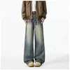 Jeans Forrados de Polar para Hombre Otoño Invierno Retro Americano Lavados Casuales Pantalones Rectos Anchos Sueltos Pantalones Largos Cálidos