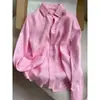 ¡Recomendación de nivel CHAO! Camisa de lino con solapa rosa estilo old money para mujer, otoño, perezoso, transpirable, casual, para ir al trabajo
