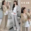 Conjunto Tricô de Três Peças para Maternidade de Outono: Cardigã com Capuz, Blusa Segunda Pele e Calça de Maternidade Ajustável