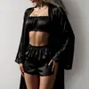 Pijama largo de acetato satinado elástico, suave con la piel, bata, bata de baño, bata de mañana, ropa de casa, incluye conjunto de tres piezas