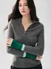 Suéter de punto de cachemira para mujer con media cremallera y cuello alto, otoño/invierno, corte ajustado, diseño color block, suéter de moda, capa base