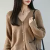 Suéter de algodão puro, novo cardigã de tricô com decote em V para outono e inverno, casaco feminino, peça externa folgada, camada base espessa, mangas compridas