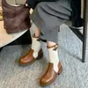 Botas de montar para mujer estilo británico color uva, patchwork de piel suave, efecto adelgazante, con hebilla de cinturón, tacón grueso, botines vintage, botas de media pantorrilla