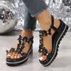 Sandalias de cuña con plataforma negras para mujer, adornadas con pedrería de mariposas, zapatos sin cordones elásticos de punta abierta, adecuados para el verano