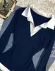 Camiseta de manga larga ajustada para mujer, estilo americano picante, diseño de dos piezas falsas con bloques de color, nuevo top de moda ajustado de otoño