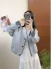Jaqueta Curta Xadrez Color Block Casual Estilo Coreano para Mulheres, Jaqueta Solta de Gola Redonda Primavera 2026, Versão Curta para Figuras Baixas
