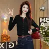 Cárdigan Corto de Manga Larga Derong para Mujer 2026 Elegante Bloqueo de Color Moda Casual Adelgazante Camisa Base Superior
