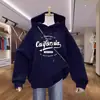 Moletom com Capuz de Outono para Mulheres 2026 Novo Estilo Forrado com Lã Azul Marinho Design Estampado Jaqueta Top Tendência