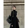Estilo Casual Minimalista con un Abrigo, Vestido Largo Negro de Cuello Semi Alto para Mujer, Vestido de Terciopelo con Mangas Largas, Estilo Línea A, Nuevo para Otoño e Invierno