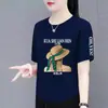Comercio Exterior Transfronterizo Despacho de Aduana Stock Marca Grande Etiqueta Cortada Mostrador Estilo Nacional Hebilla Plana Estampada Camiseta de Manga Corta Elegante Regular Hermoso Top