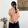 82609 Camisa de Algodón Gasa de Doble Capa con Bolsillo y Cuello Mao de Manga Media para Mujer 2026 Nuevo Top Blusa Casual de Verano