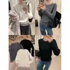 Camiseta base de lana para mujer con cuello redondo, jersey de punto de manga larga, diseño con ribete de encaje, top ajustado