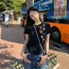 Camiseta de Manga Corta con Estampado de Flores Retro Americano en un Hombro para Mujer Verano Aspecto Adelgazante Estudiante Versátil Cuello Redondo Top Ins