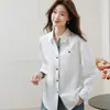 Nova Camisa Casual de Negócios Patchwork Xadrez de Algodão Puro com Gola Reversível e Manga Dobrada para Mulheres - Primavera 2026