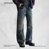 Calça Jeans Masculina Estilo Americano Rasgada com Fenda Bigode, High Street Vintage Lavado, Silhueta Tendência, Perna Larga