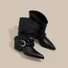 Botas de Cano Curto Plissadas Bico Fino Outono/Inverno 2026 Novas Botas Slim Botas Curtas Casuais Retrô Salto Grosso Emagrecedoras Botas Martin para Mulheres