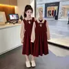 Falda de Otoño para Niña Estudiante de Secundaria Camisa de Manga Larga Vestido Rojo Ropa de Otoño Ropa Infantil Vestido Dulce Falso de Dos Piezas
