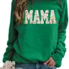 Moletom Casual Feminino Crew Neck Manga Longa com Bordado "Mom", Mistura de Poliéster Malhado Fleece