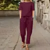 Conjunto de Roupa de Verão Feminino Algodão e Linho Transfronteiriço 2025, Blusa Oversized de Gola Redonda e Manga Meia-Manga com Calça de Perna Larga, Conjunto Vintage de Duas Peças