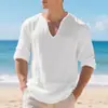 Camisa Casual de Lino para Hombre, Transfronteriza Europea y Americana, Holgada, Cuello en V, Manga Larga, Color Sólido, Holgada, Algodón-Lino, Transpirable, Camisa Base