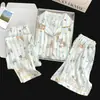 Conjunto de Pijama de Tres Piezas Simple Casual de Nube Verano Nuevo Manga Corta Shorts Pantalones Largos Ropa de Casa Delgada Verano Lindo
