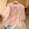 280 Camisa de Ramio Bordada Vintage para Mujer, Estilo Veraniego, Elegante Cuello Diagonal con Cierre de Botones, Blusa Vestido de Té, Top de Algodón y Lino