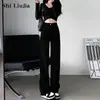 Jeans Negros de Pierna Ancha para Mujer Primavera y Otoño 2024 Nueva Llegada Pequeños para Hombre Otoño e Invierno Forrados de Polar Cintura Alta Sueltos Retro Pantalones de Pierna Recta
