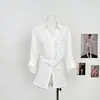 Camisa de lino blanca de manga larga, cuello en V, estilo old money, holgada, casual, relajada