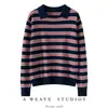 Suéter de cashmere listrado com blocos de cor para mulheres, gola redonda, mangas compridas, estilo pullover, top de tricô casual e versátil para outono e inverno