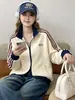 A1330 Chaqueta para Mujer con Tres Rayas, Estilo Deportivo Vintage, Cuello Alto, Chaqueta con Cremallera, Corte Holgado, Rejuvenecedora, Abrigo Versátil