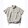 Camisa Pulóver de Manga Corta a Cuadros Bloques de Color Retro Estilo Calle Disfrazado Nanxia para Hombres y Mujeres Marca Moderna Holgada con Cordón para Exteriores